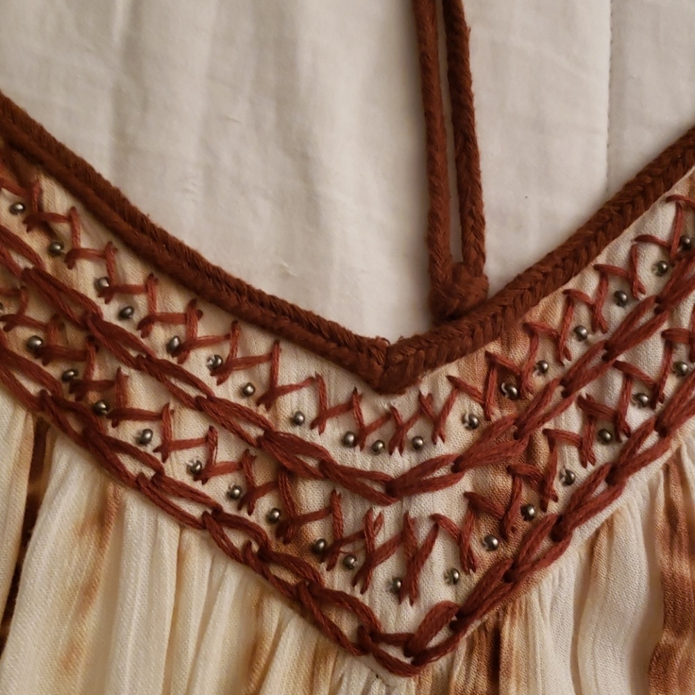 Amuse Society Brown V-neck Beaded T-back Tie Dye Embroided Dress Size S - Picture 4 of 8